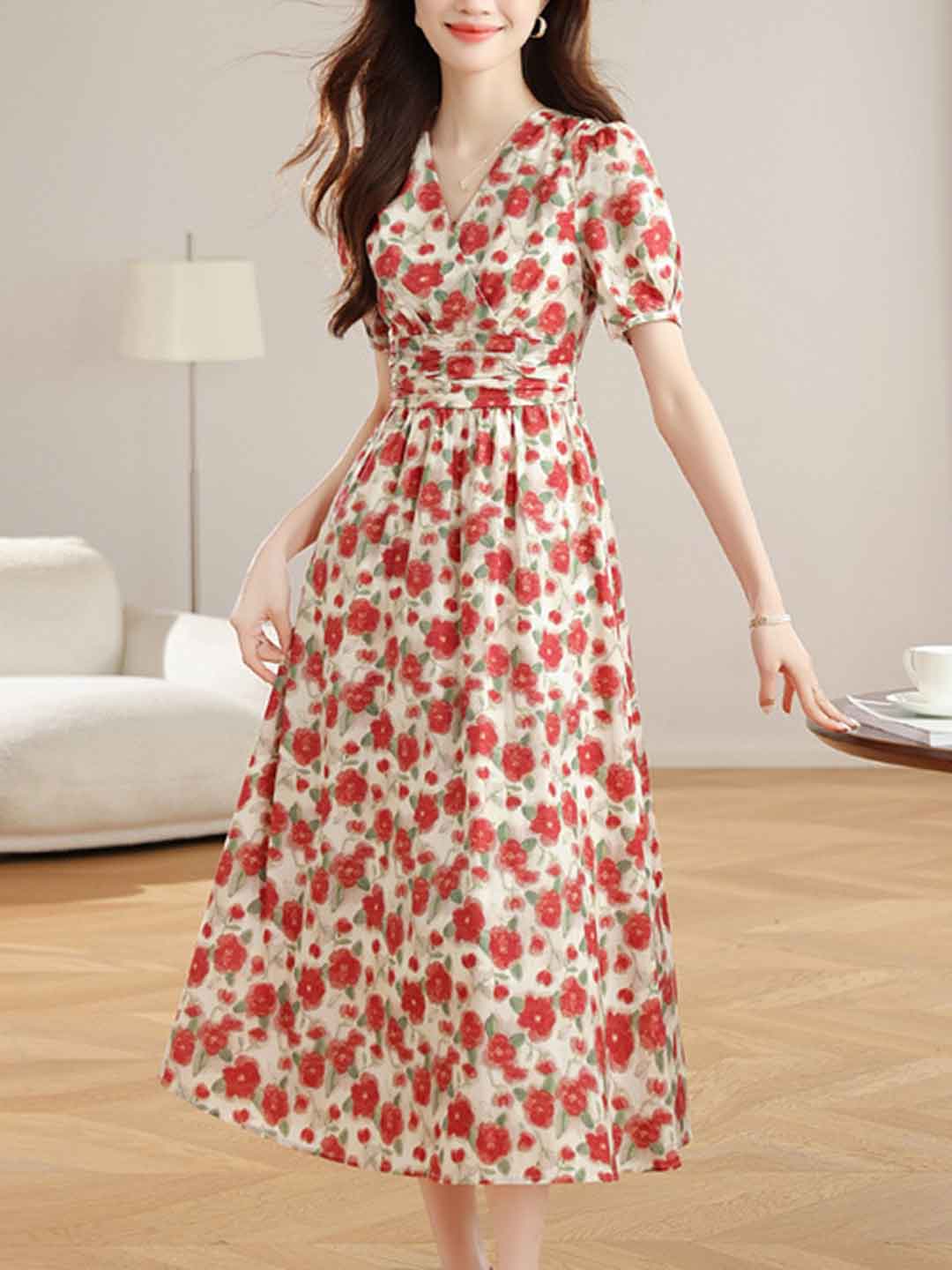 Payton Retro V-Neck Puff Sleeve Floral Printed Dress