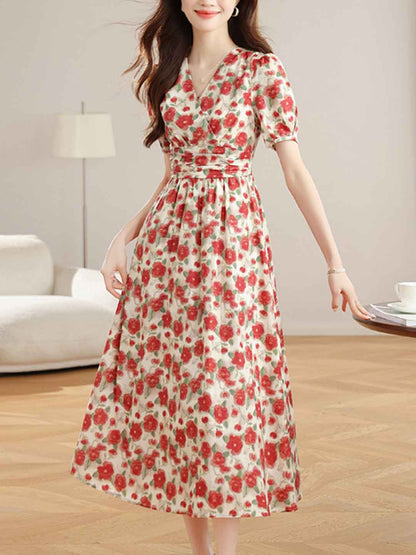 Payton Retro V-Neck Puff Sleeve Floral Printed Dress