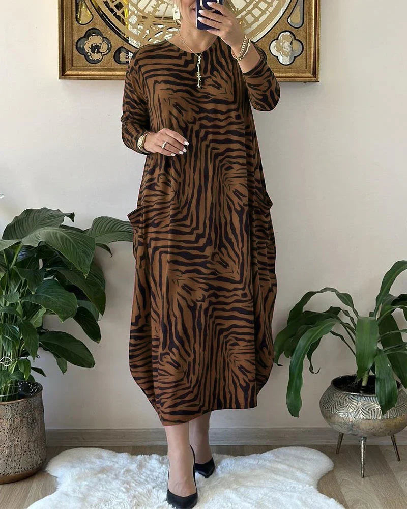 Vestido holgado clásico para mujer con estampado animal y bolsillo delantero | Ideal para primavera/verano