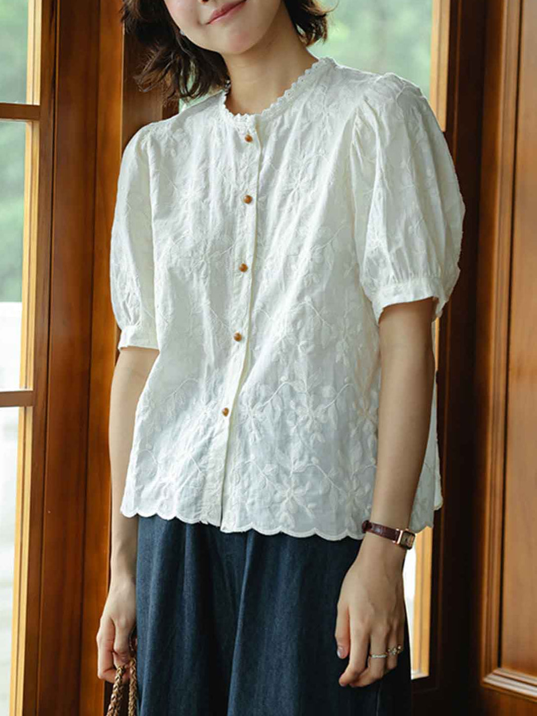 Mya Vacation Crew Neck Lace Trim Embroidered Top