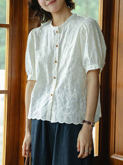 Mya Vacation Crew Neck Lace Trim Embroidered Top