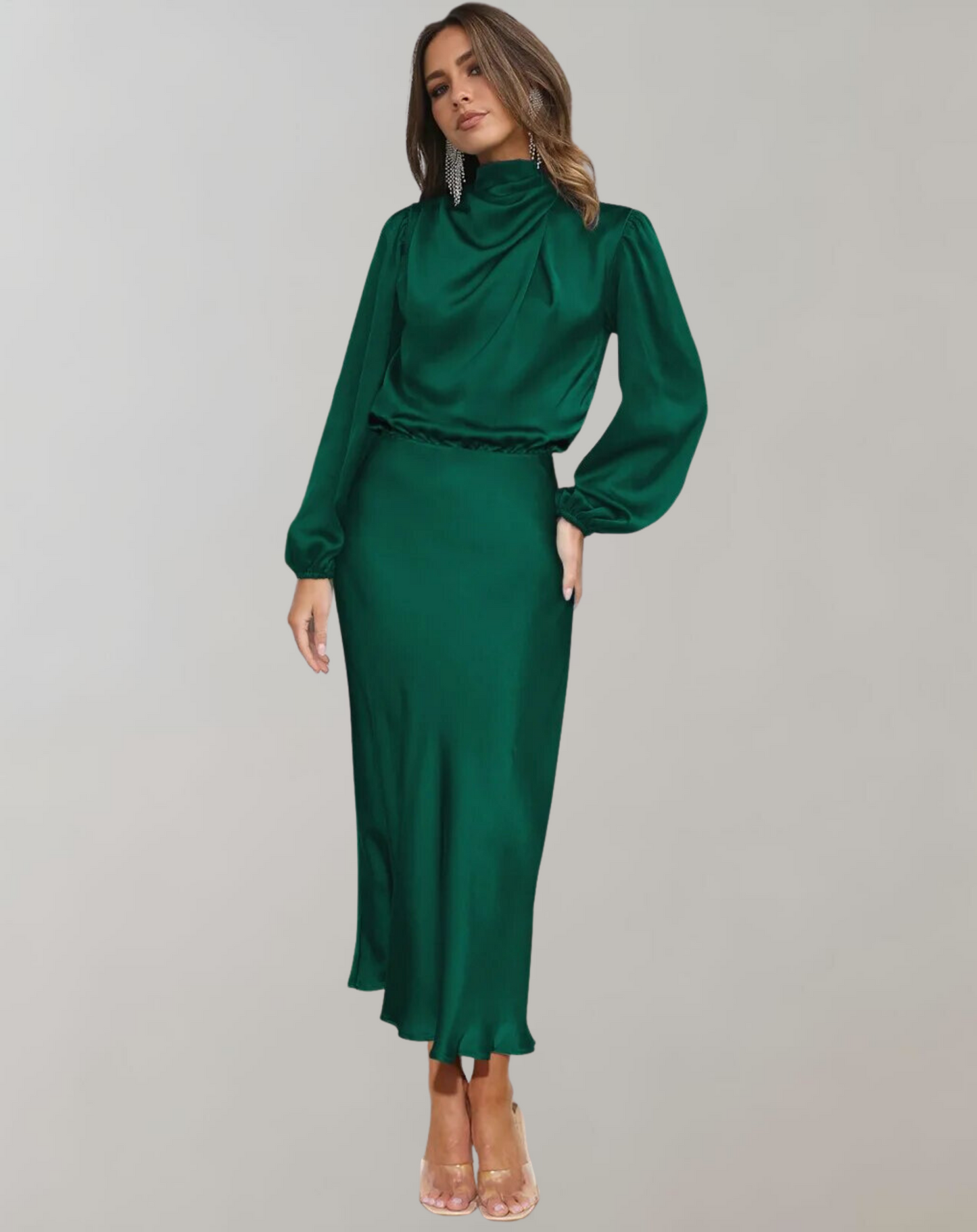 Elegante vestido de satén con cuello alto y manga larga para mujer | Ideal para primavera/verano