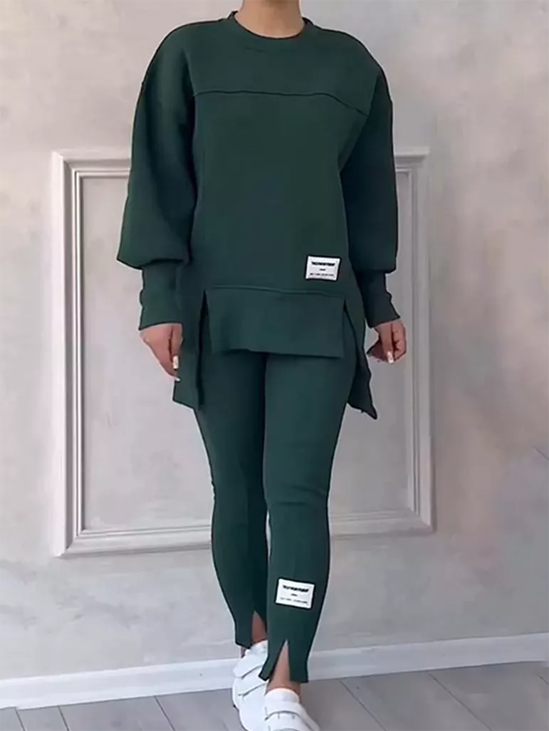 Conjunto elegante de jersey con parches y leggings para mujer | Ideal para otoño/invierno