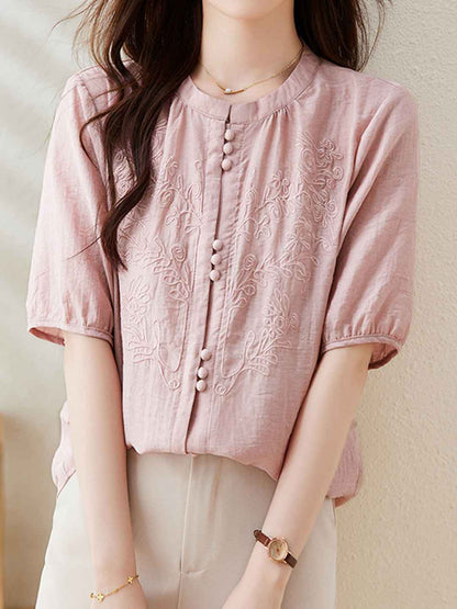 Maria Loose Crew Neck Solid Color Embroidered Top