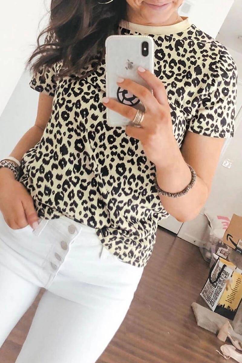 Short Sleeve Leopard Print Basic T-shirt