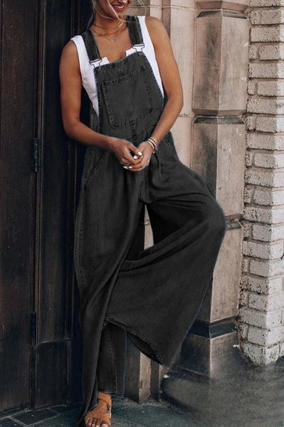 Women's Casual Denim Sleeveless Jumpsuit with Wide-Leg and Pockets | Great for Casual Days