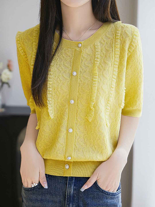 Paige Classic Crew Neck Solid Color Lace Knitted Top
