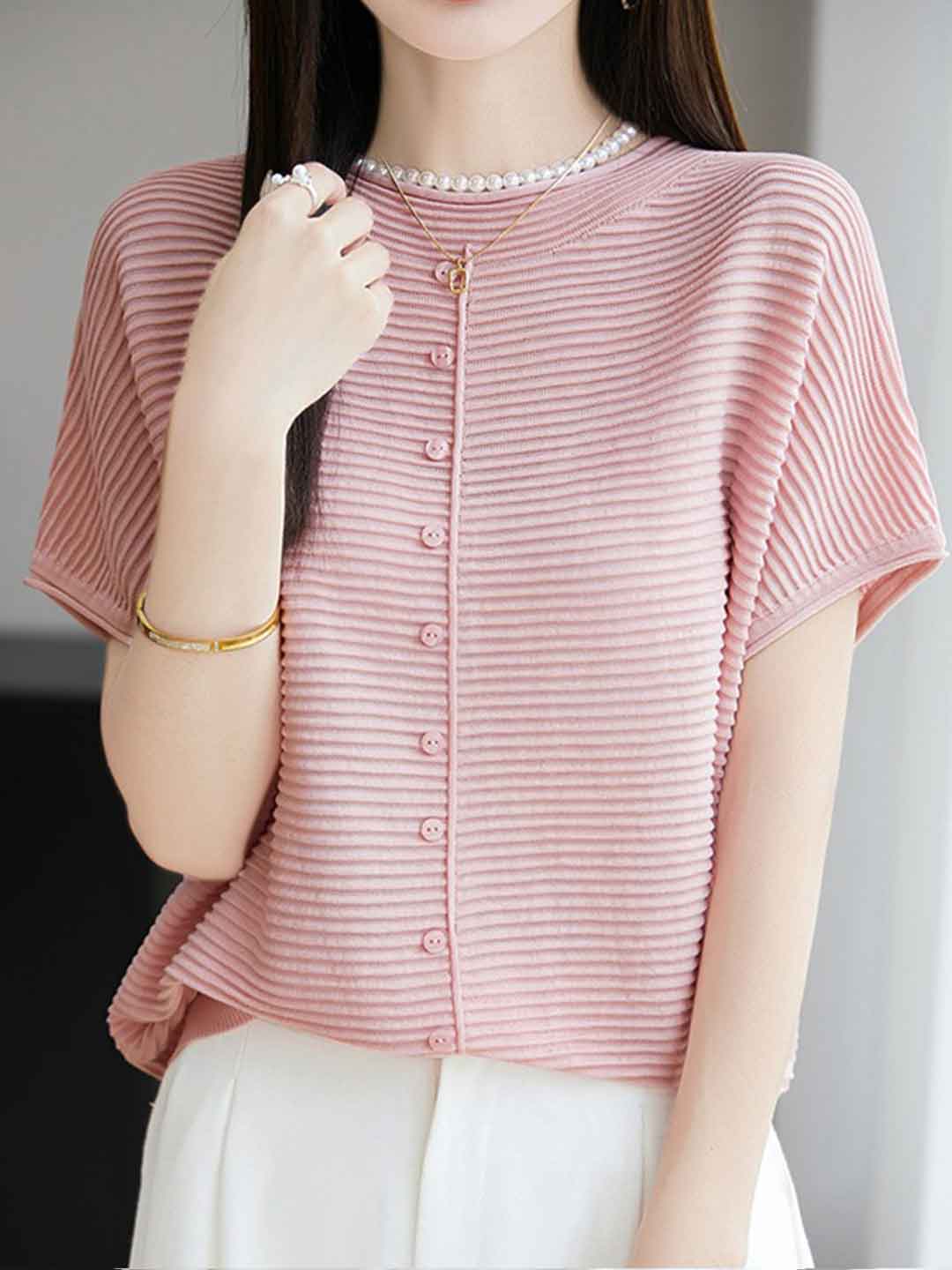 Khloe Classic Crew Neck Striped Solid Color Knitted Top