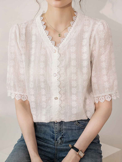 Molly Slim V-Neck Solid Color Lace Top