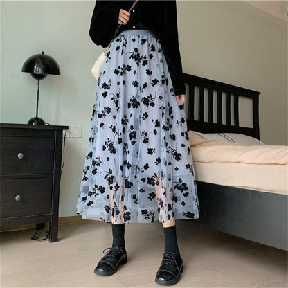Flowers Pattern Mesh Transparent Long Skirt
