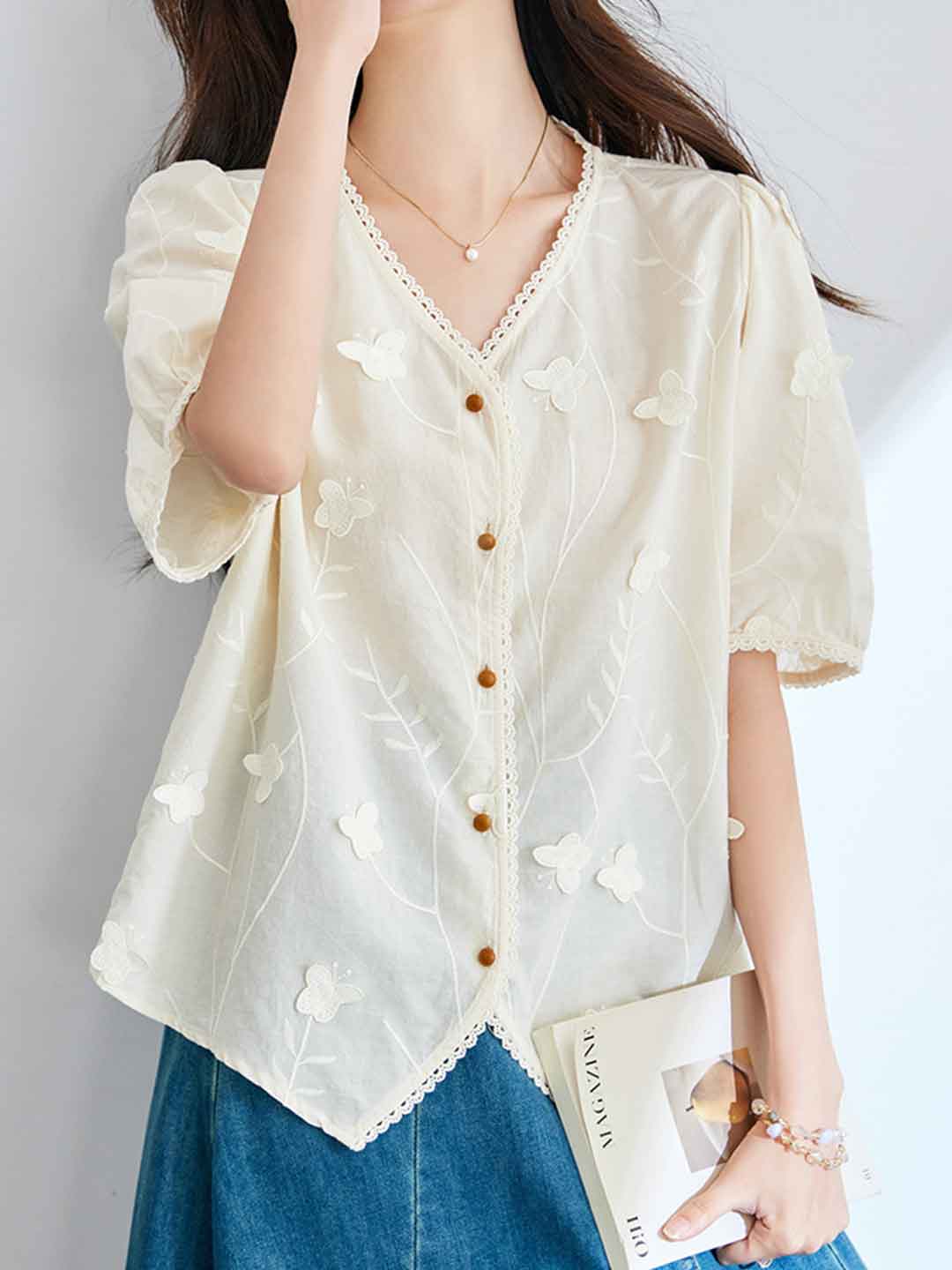 Jessica Retro V-Neck Puff Sleeve Lace Embroidered Top