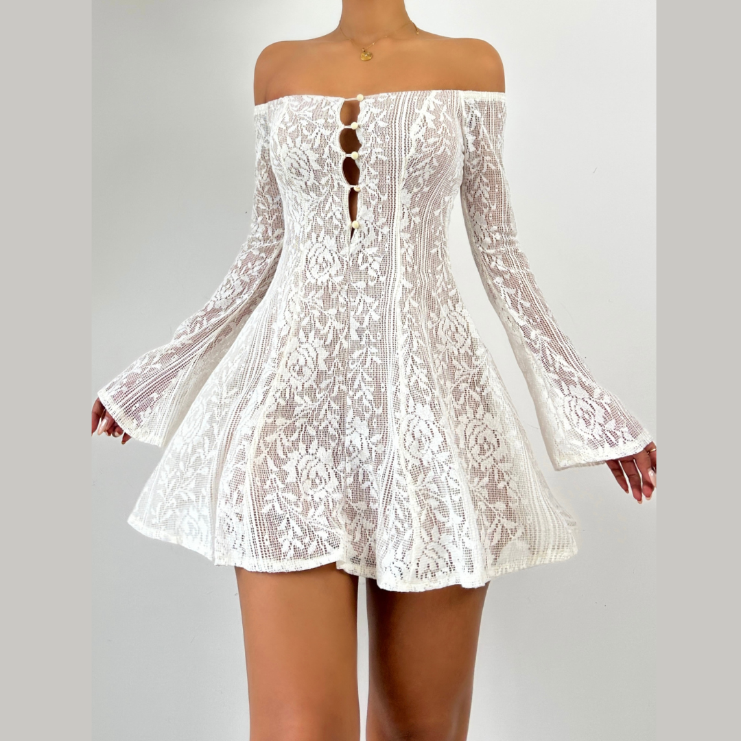 Off shoulder button hollow out cut out mini dress  | Festival Outfits Women