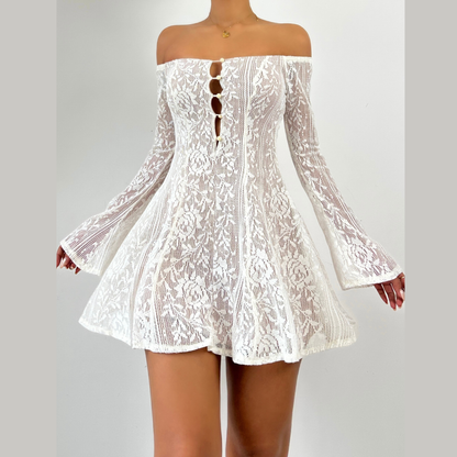 Off shoulder button hollow out cut out mini dress  | Festival Outfits Women