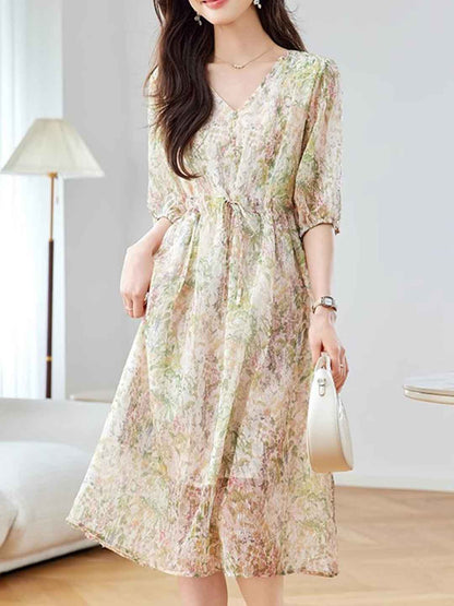 Maria Classic V-neck Lantern Sleeve Chiffon Printed Dress