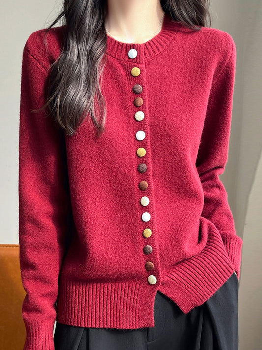 Sophia Classic Crew Neck Colorful Button Knitted Cardigan-Red