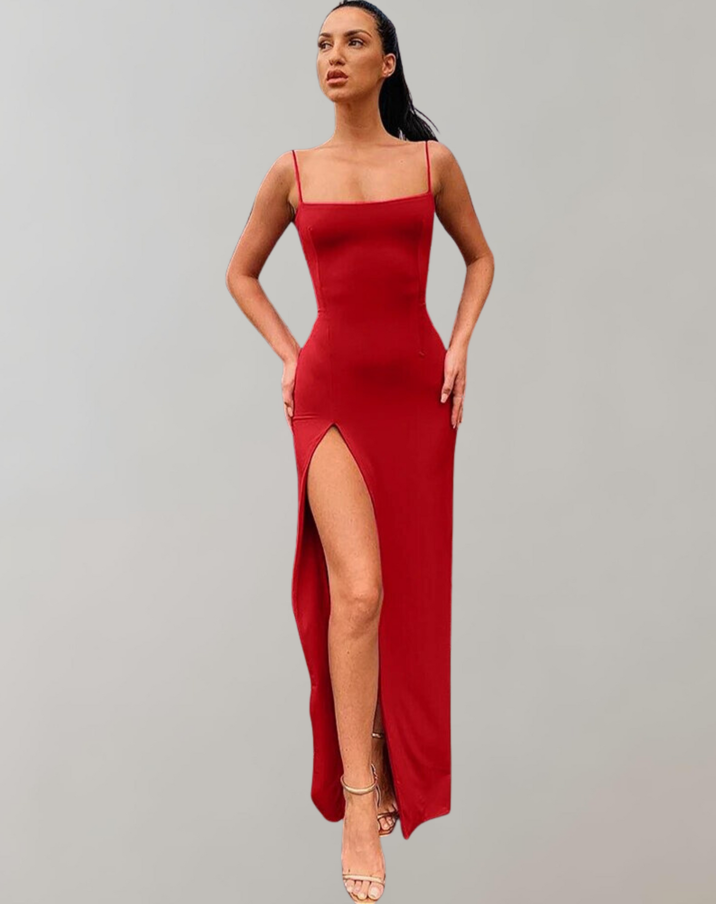 Vestido largo ajustado clásico con escote cuadrado y abertura para mujer | Ideal para primavera/verano