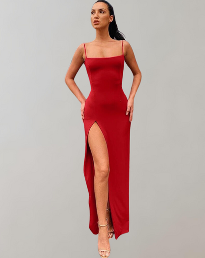 Vestido largo ajustado clásico con escote cuadrado y abertura para mujer | Ideal para primavera/verano