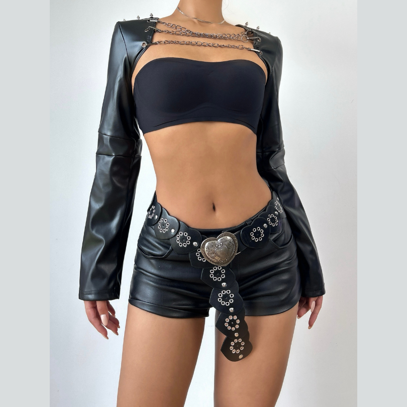 Long sleeve PU leather metal chain shrug top  | Festival Outfits Women
