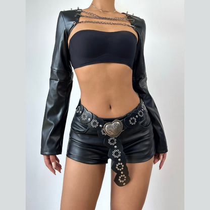 Long sleeve PU leather metal chain shrug top  | Festival Outfits Women