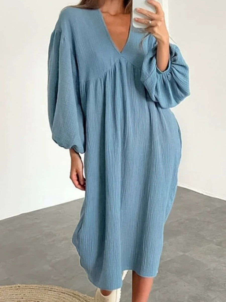 Cotton Blend Temperament V-neck Long Sleeve Loose-fit Home Vacation Mini&Short Dresses
