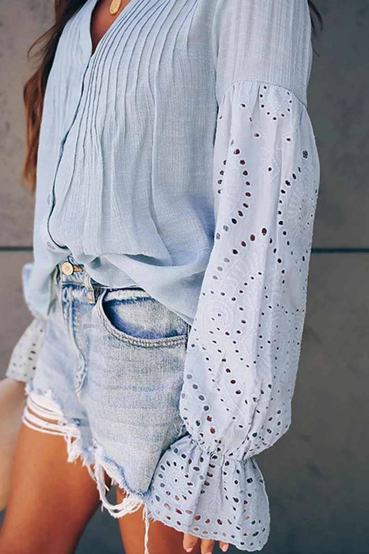 V-Neck Single Breasted Loose Flared Long Sleeves Tops
