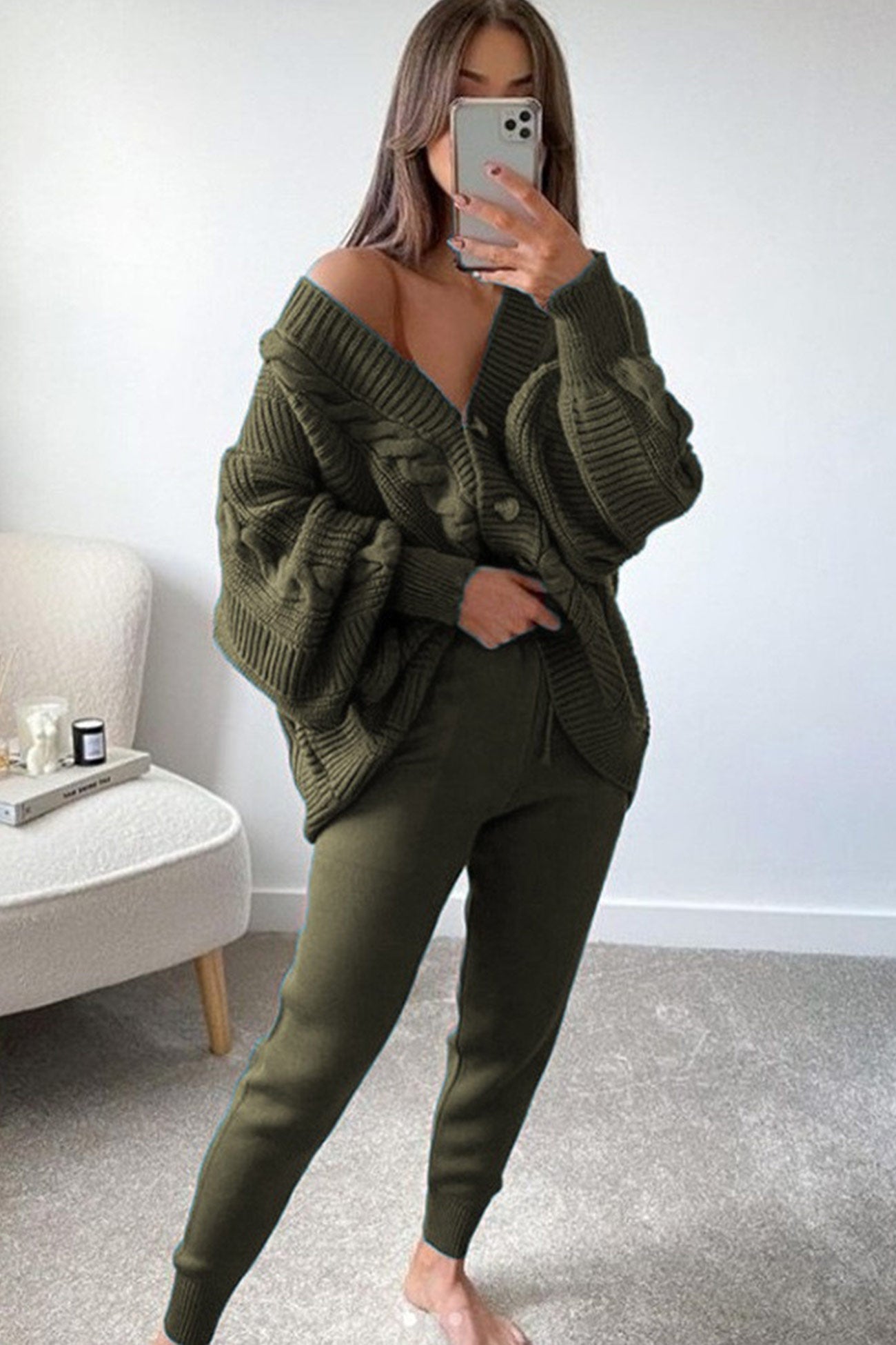 Cable Knit Cardigan Pencil Pants Set