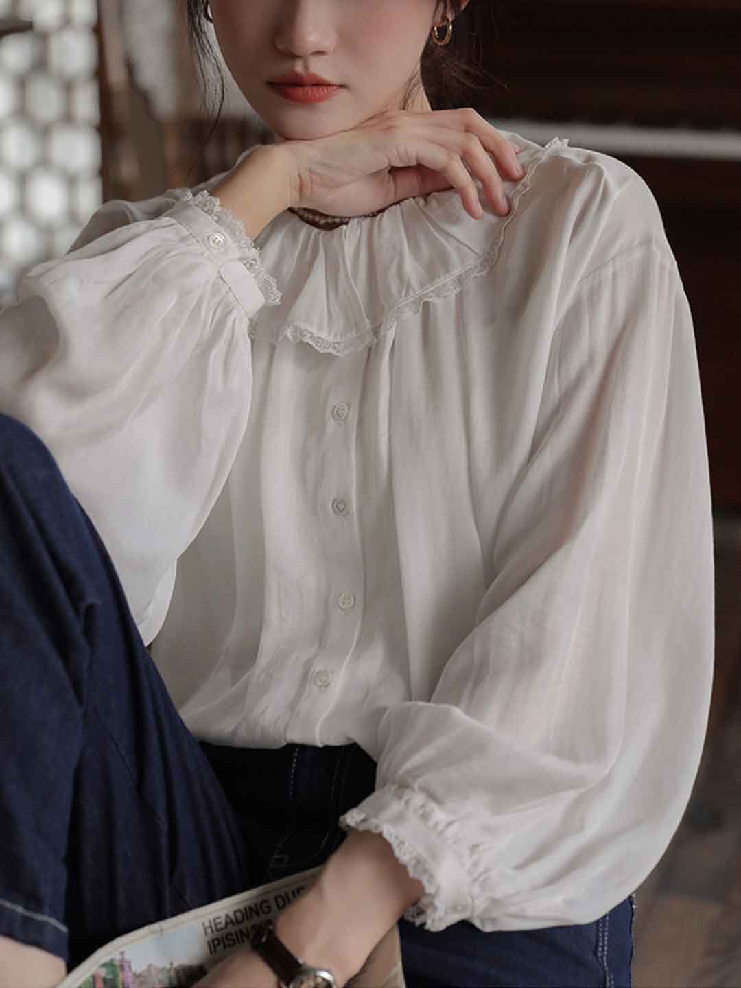 Maria Retro Doll Collar Lantern Sleeve Ruffle Top