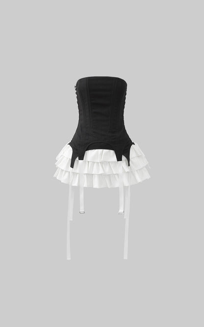 Corset Dress with Tiered Pleated Hem and Side Lace-Up Detail