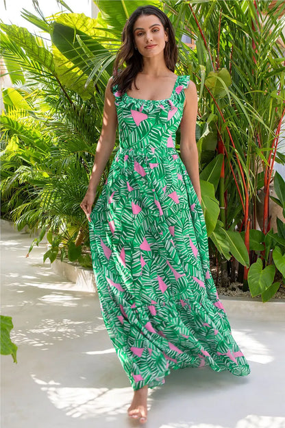 Traje de baño de una pieza con estampado de volantes verdes