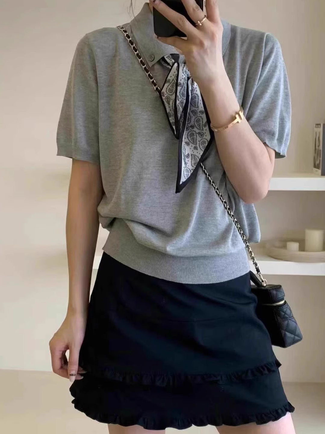 Maria Elegant Polo Collar Knitted Top-Navy Blue