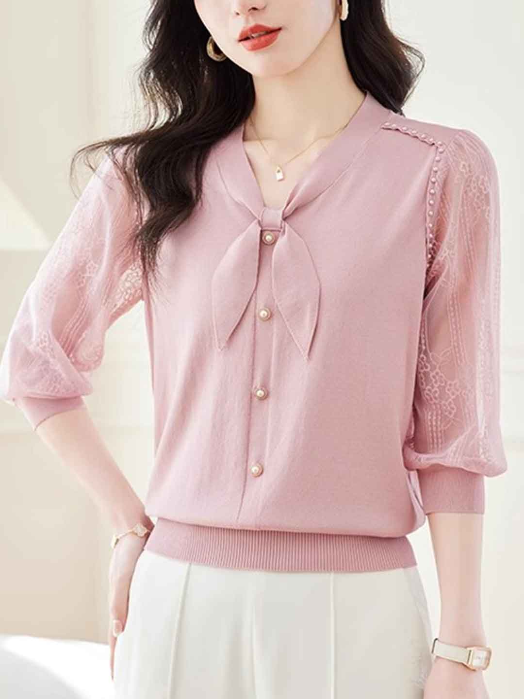Lillian Loose V-Neck Puff Sleeve Bow Lace Knitted Top