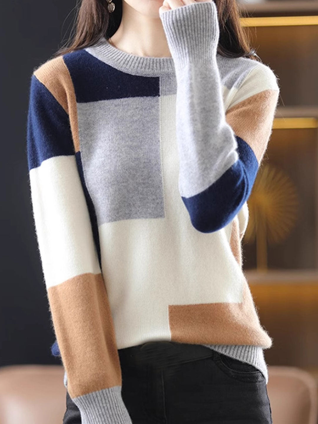 Maya Loose Crew Neck Contrast Knitted Sweater
