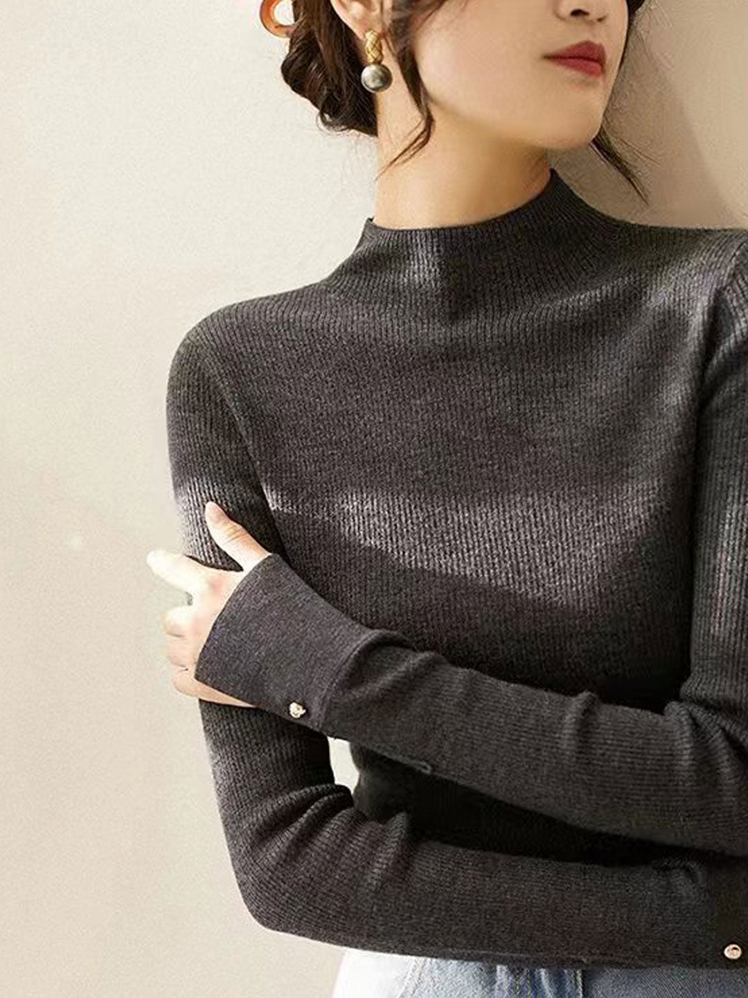 Sophia Classic Turtleneck Solid Color Knitted Sweater-Coffee