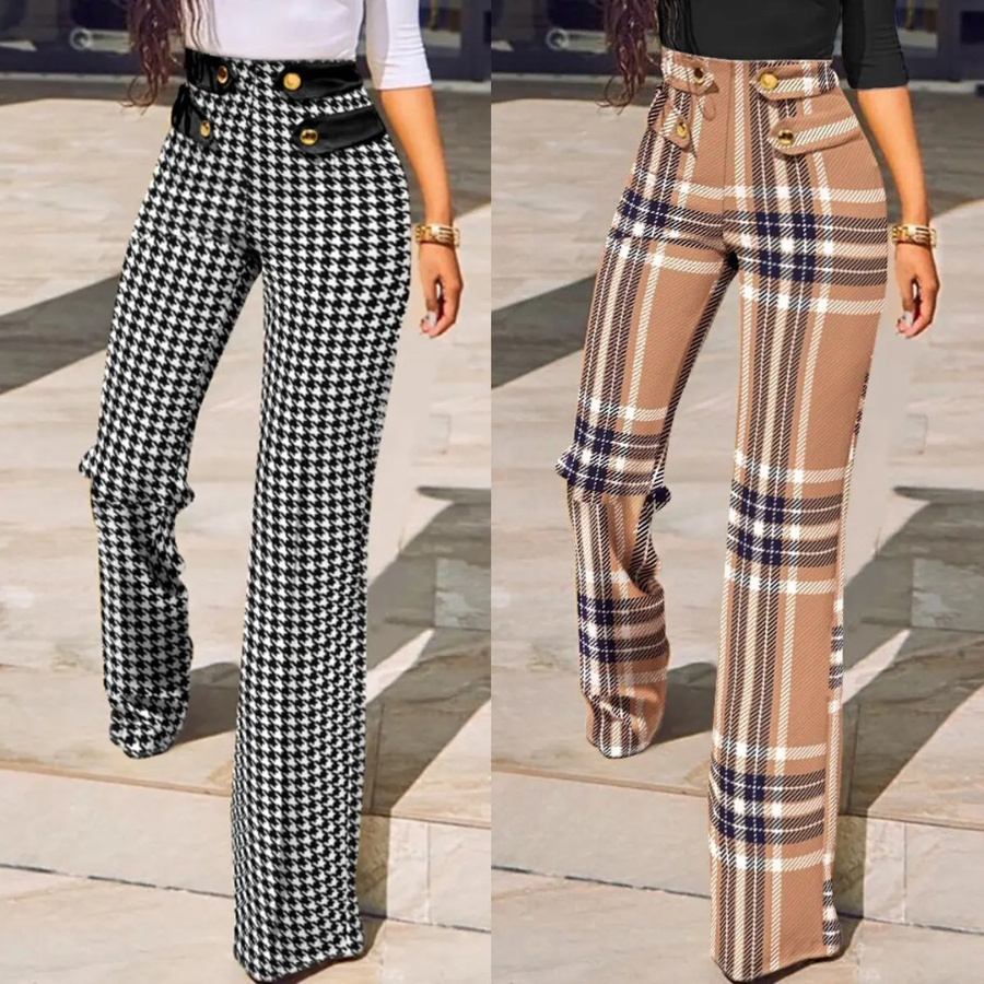 Women's Chic Plaid High Waisted Flared Pants with Button and Buckle Design | Great for All Seasons