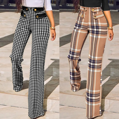 Women's Chic Plaid High Waisted Flared Pants with Button and Buckle Design | Great for All Seasons