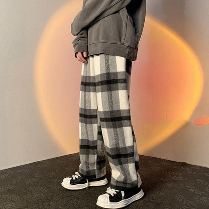 Vintage Long Woolen Plaid Men Pants