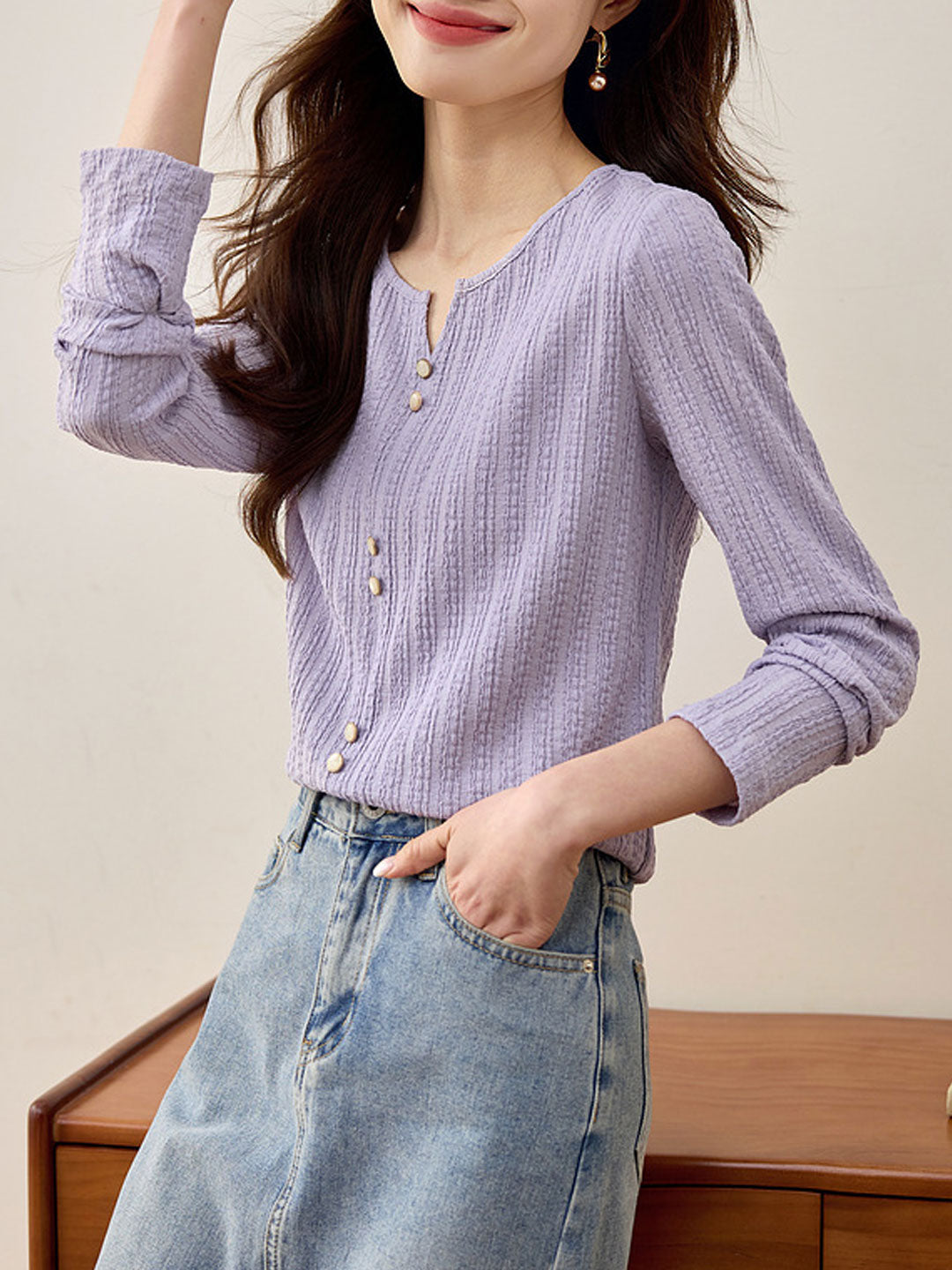 Mariah Elegant Crew Neck Textured Button Top