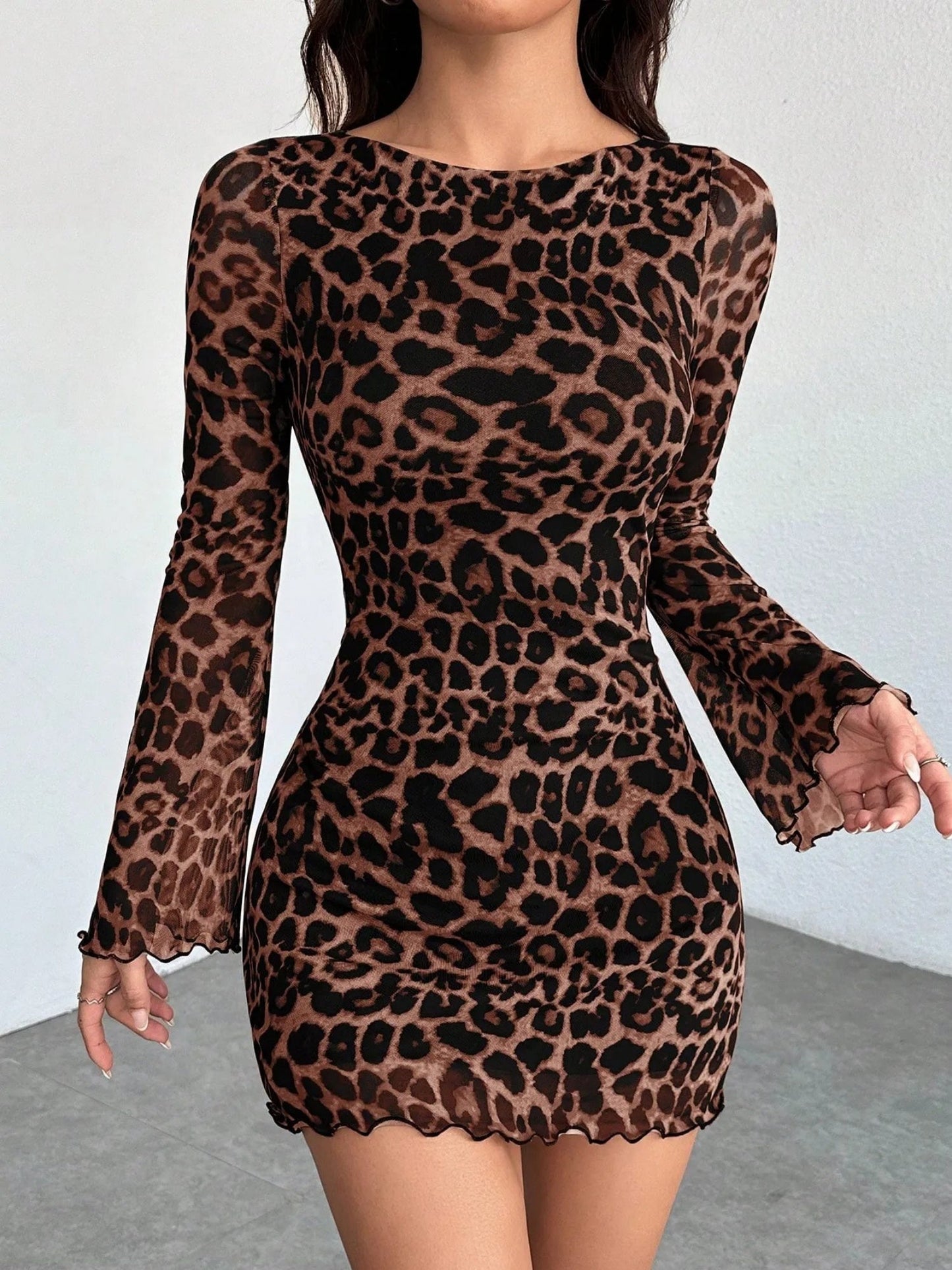 Leopard Print Mesh Slimming And Waist-cinching Long-sleeved Short Dress