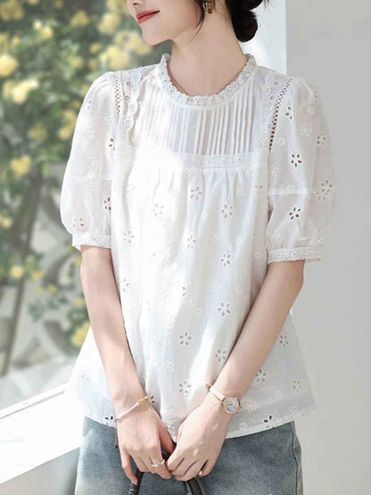 Isabelle Loose Auricular Puff Sleeve Hollowed Blouse