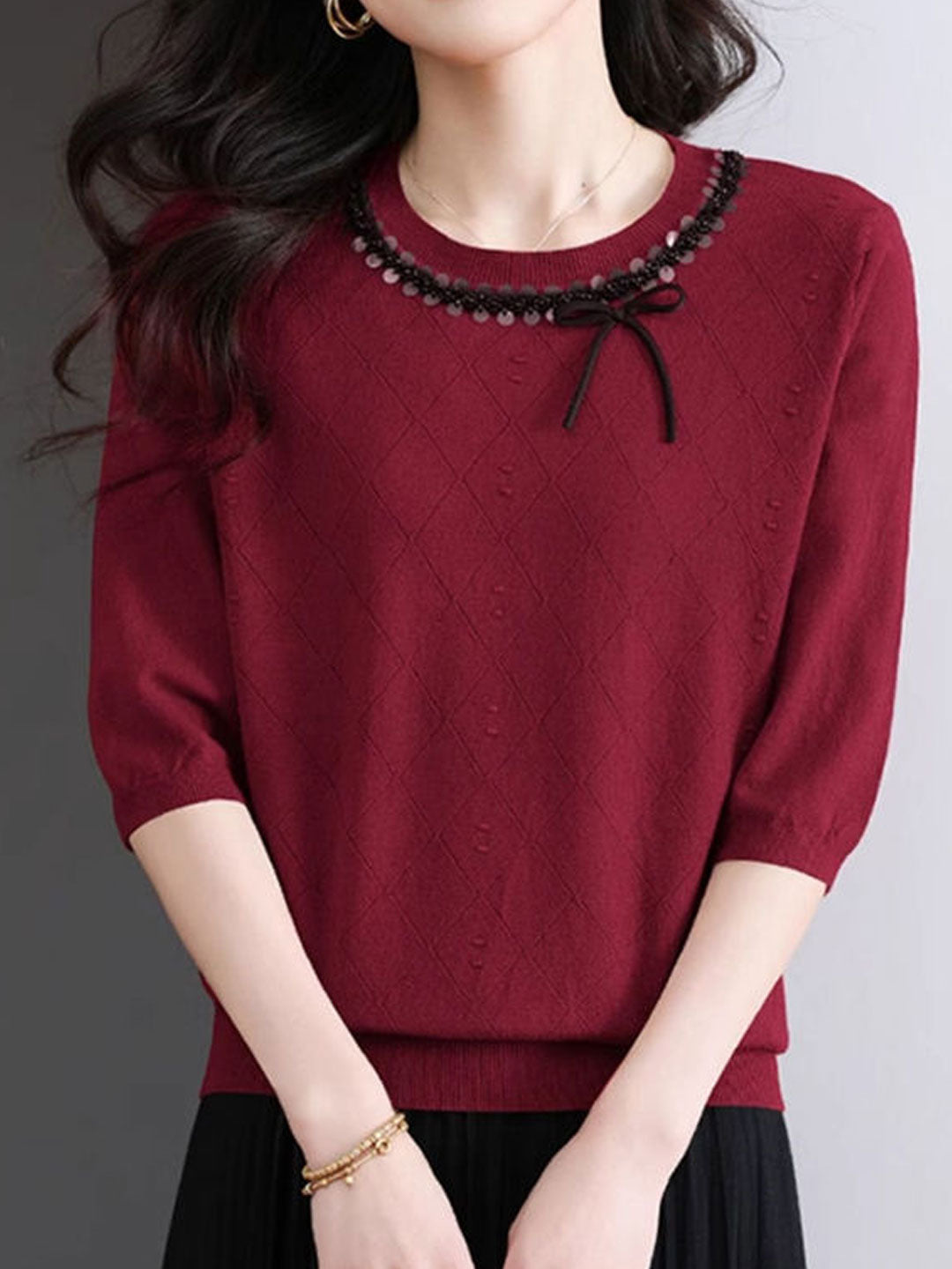 Madison Loose Crew Neck Beaded Knitted Top