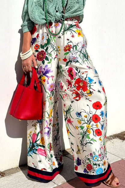 Conjunto de pantalones anchos con bolsillos y cintura elástica con estampado floral único