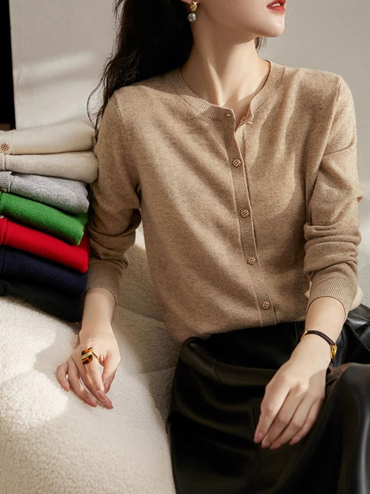 Sophia Classic Crew Neck Solid Color Knitted Cardigan