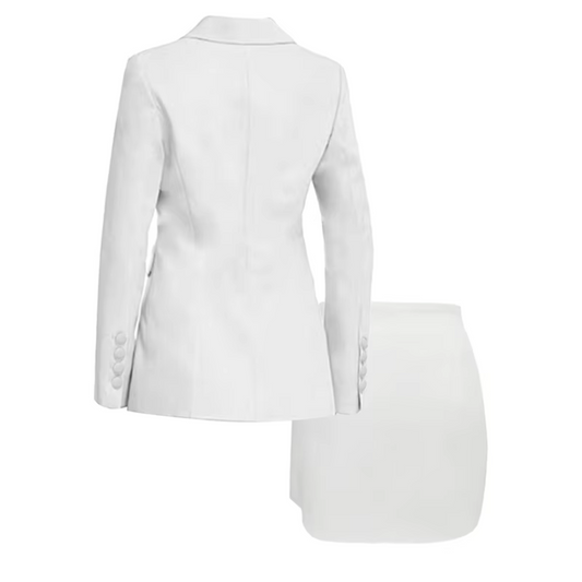 Conjunto elegante de blazer blanco abotonado y falda para mujer | Ideal para cualquier temporada