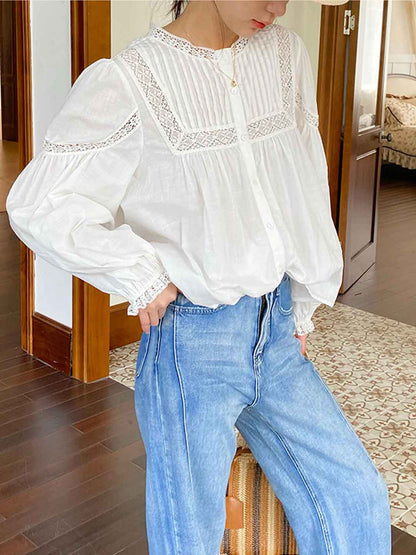 Layla Vintage Crew Neck Balloon Sleeve Hollowed Top