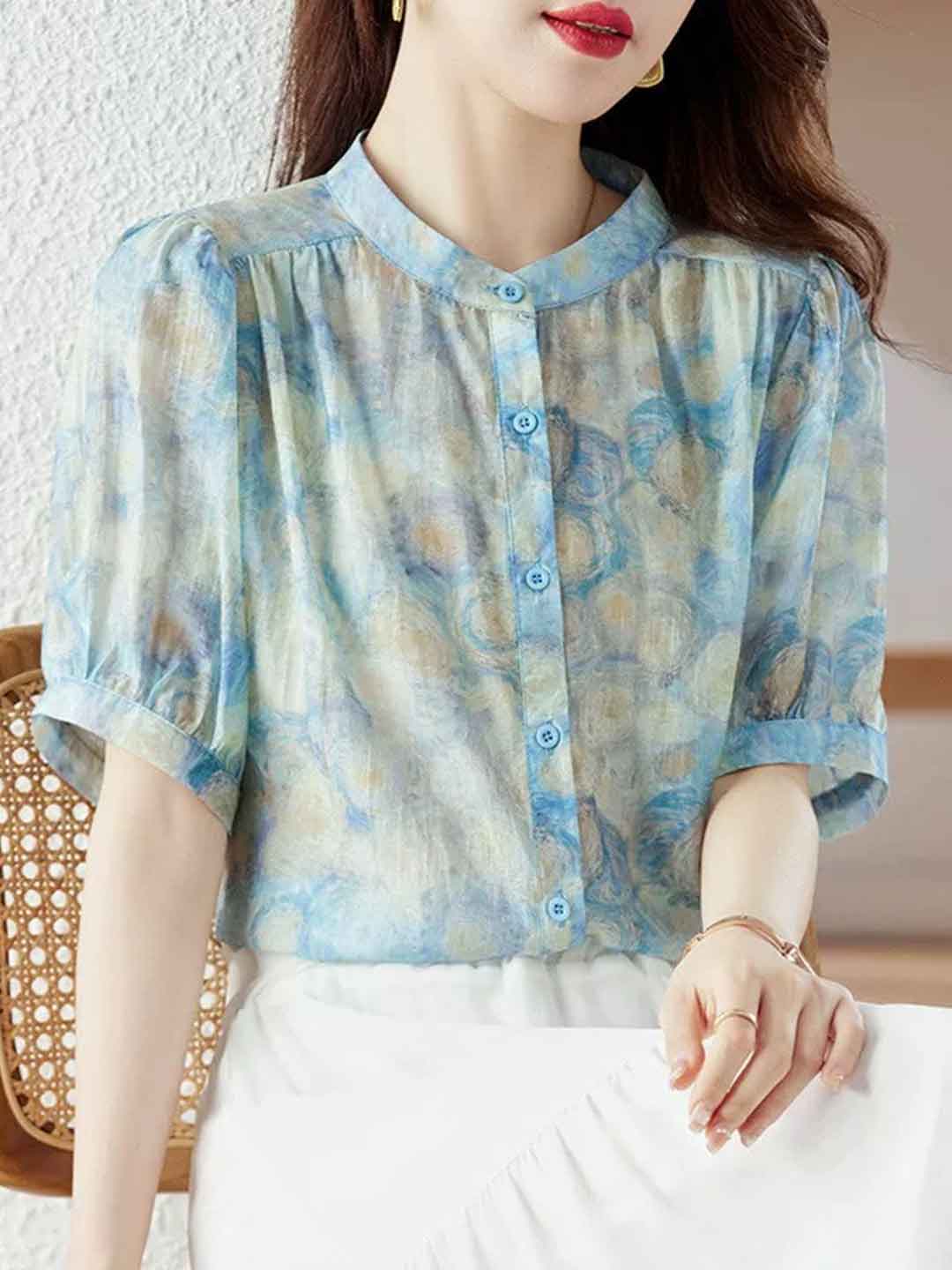 Zoe Vacation Crew Neck Lantern Sleeve Printed Top