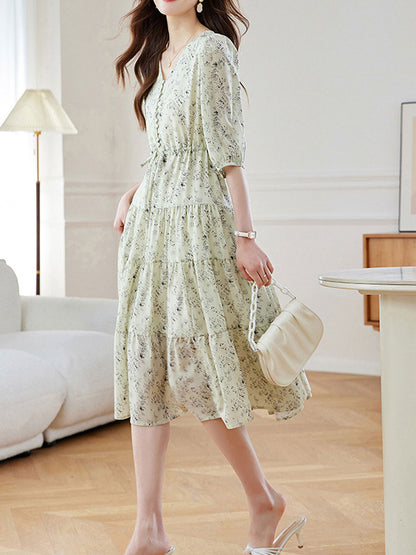 Sophia Elegant V-Neck Floral Chiffon Dress