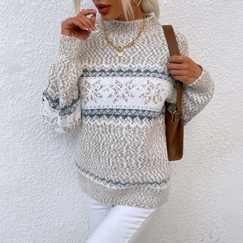 Suéter de cachemira suave para mujer con estampado de copos de nieve y cuello alto | Ideal para otoño/invierno