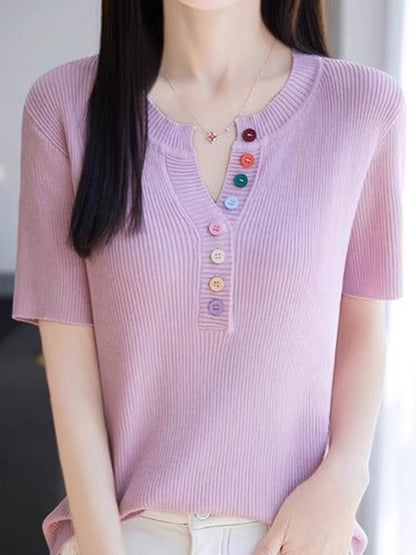 Mariah Loose Color Button Solid Color Top