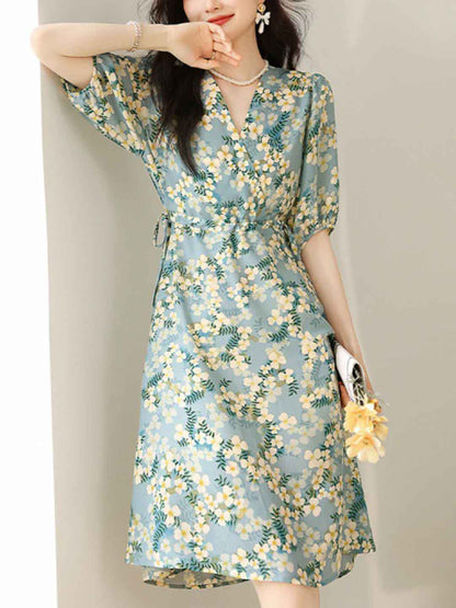 Vanessa Elegant V-Neck Floral Chiffon Dress