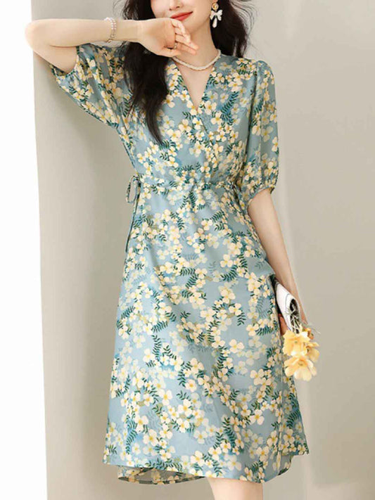 Vanessa Elegant V-Neck Floral Chiffon Dress